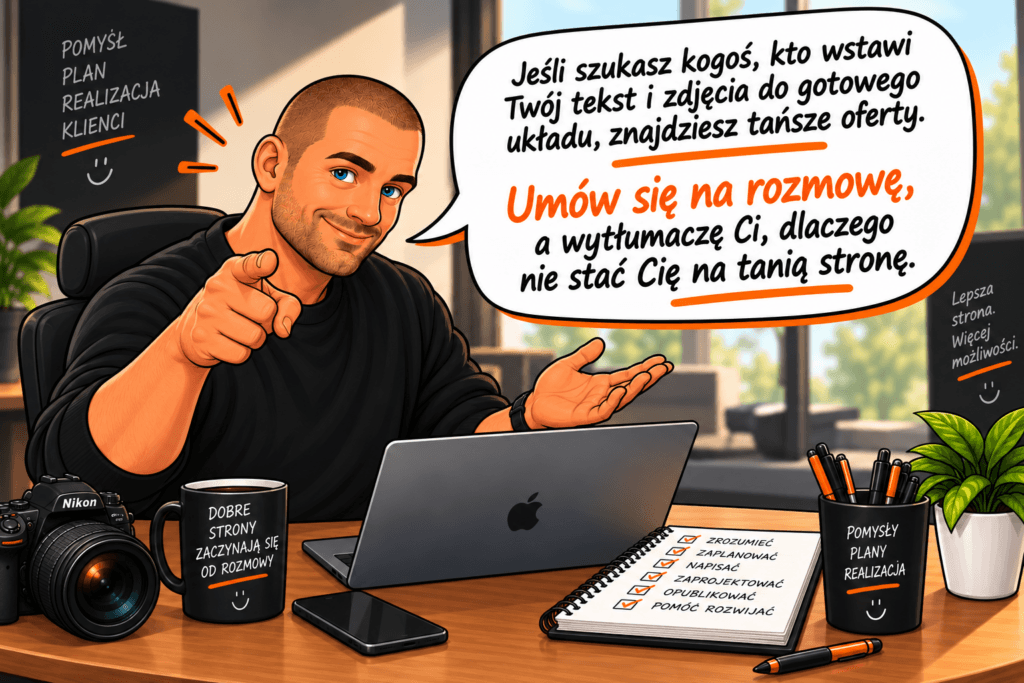 Jeśli szukasz kogoś, kto wstawi Twój tekst i zdjęcia do gotowego układu, znajdziesz tańsze oferty. Umów się na rozmowę, a wyjaśnię, dlaczego nie stać Cię na tanią stronę.