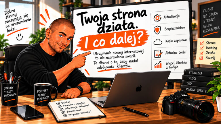Utrzymanie strony internetowej. Co dzieje się ze stroną po jej uruchomieniu i ile to kosztuje? 7 Marcin Zykubek przy tablicy z napisem „Twoja strona działa. I co dalej?” – utrzymanie strony internetowej: aktualizacje, bezpieczeństwo, kopie zapasowe i aktualne treści
