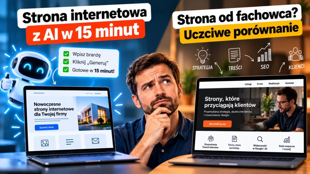 Strona internetowa z AI w 15 minut czy od fachowca? Uczciwe porównanie 1 Strona internetowa z AI w 15 minut czy od fachowca – po lewej laptop ze stroną wygenerowaną przez robota AI, po prawej strona przygotowana przez fachowca, pośrodku zamyślony przedsiębiorca