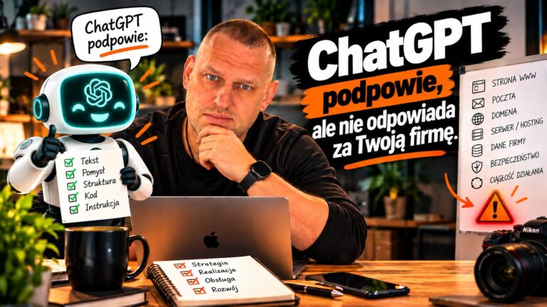 ChatGPT w firmie. Podpowie, ale nie odpowiada za Twoją firmę 2 Marcin Zykubek przy laptopie, obok robot ChatGPT z listą podpowiedzi i tablica z tym, za co odpowiada firma